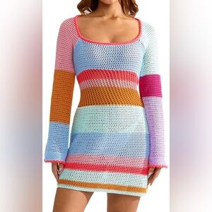 Crochet Knit Mini Long Sleeve Cover Up